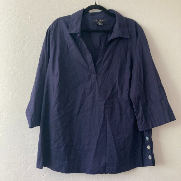Tahari Linen Blend 3/4 Sleeve Popover Top Navy Blue Lagenlook Beach Relaxed 2X - Picture 1 of 8